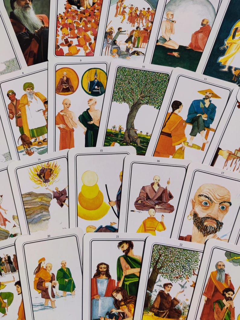 Jeu de Tarot de Rajneesh 1996, 60 cartes, affichant des illustrations mystiques inspirées des grands maîtres spirituels.